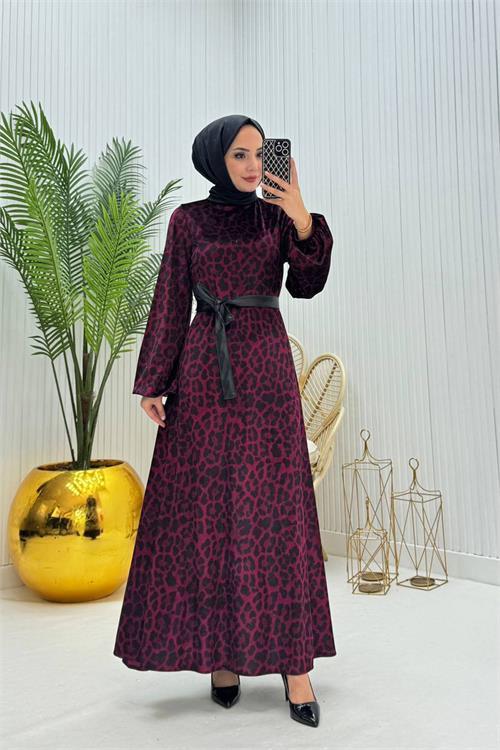 Dipmoda kadın bordo leopar kadife tesettür elbise NMS030