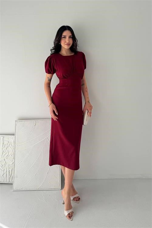 Dipmoda kadın bordo midi boy büzgü detaylı balon kol dar kesim elbise DPK4574