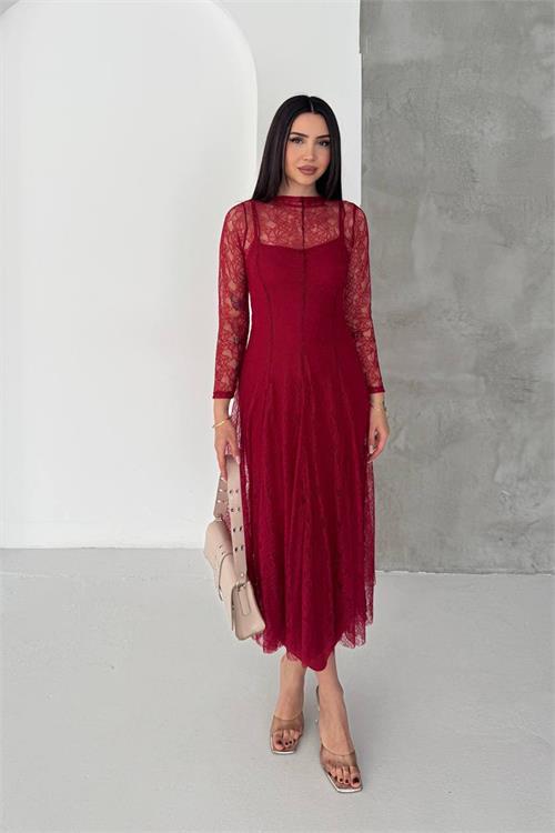 Dipmoda kadın bordo midi boy transparan detaylı astarlı dantel elbise DPK080