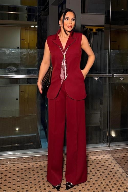 Dipmoda kadın bordo modern kesim fular detaylı palazzo pantolon yelek ikili takım DPSTR1618