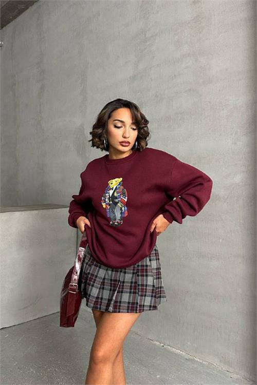 Dipmoda kadın bordo nakışlı sweatshirt DPNBG059