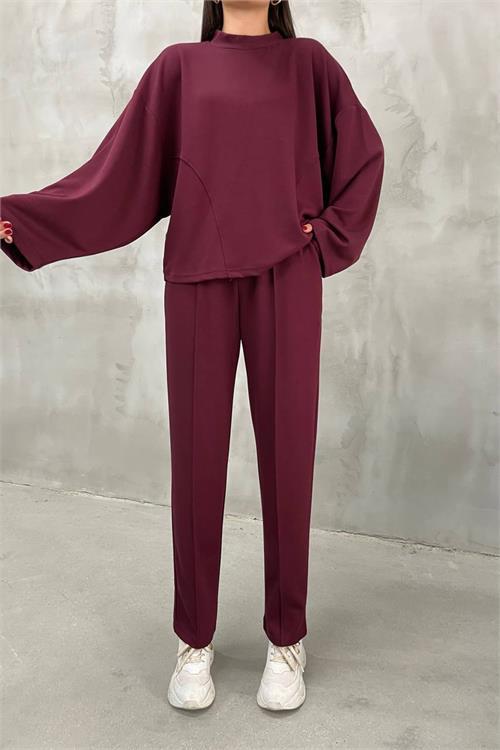Dipmoda kadın bordo oversize alt üst eşofman takımı NBDM002