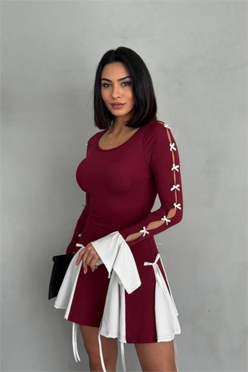 Dipmoda kadın bordo pile detaylı tasarım mini elbise DPNBDF135
