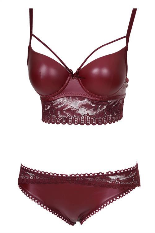 Dipmoda kadın bordo Push-up Destekli Deri Bralet Takım BHR010 