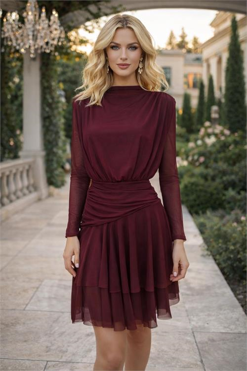 Dipmoda kadın bordo şifon kumaş korsajlı mini boy uzun kol omuz vatkalı elbise DPK073