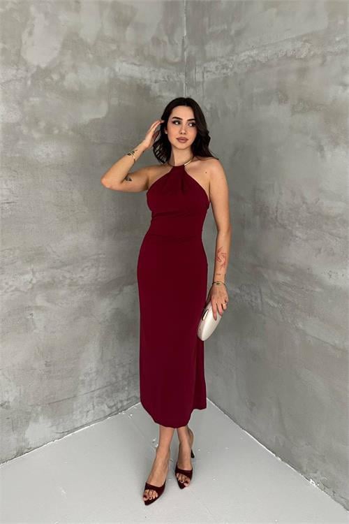 Dipmoda kadın bordo sırt dekolteli metal yaka midi elbise DPK4543