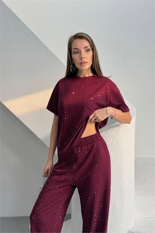 Dipmoda kadın bordo taş detaylı ikili basic takım DPG126