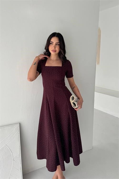 Dipmoda kadın bordo taş detaylı kare yaka midi boy kısa kollu elbise DPK4605