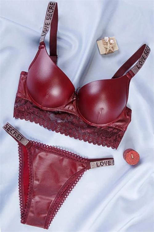 Dipmoda kadın bordo taş detaylı Push-up destekli deri bralet takım BHR1010 