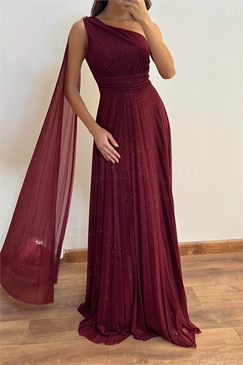 Dipmoda kadın bordo tek omuz pilise detaylı simli tül kumaş abiye elbise DPSWLL16