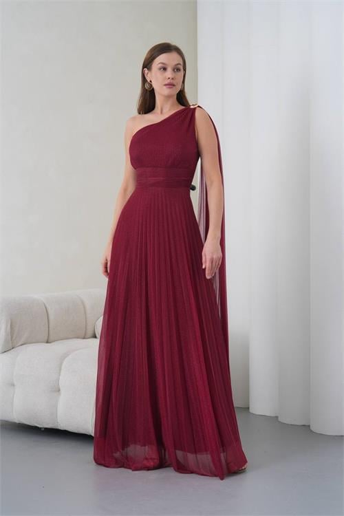 Dipmoda kadın bordo tek omuz tokalı drape detaylı ışıltılı tül kumaş abiye elbise DPS9388