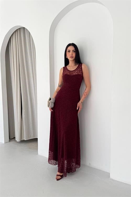 Dipmoda kadın bordo transparan detaylı tam boy astarlı dantel elbise DPK4619