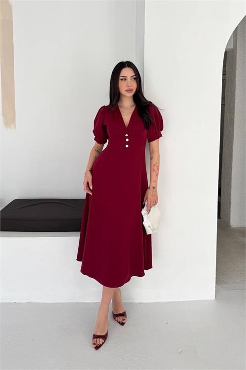 Dipmoda kadın bordo V yaka midi boy düğme detaylı kısa kol elbise DPK4612