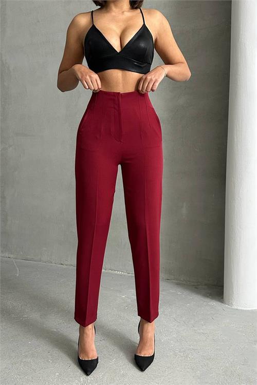 Dipmoda kadın bordo yüksek bel kumaş pantolon DPNBG062