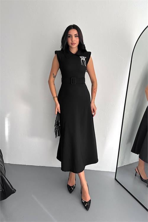 Dipmoda kadın broş detaylı kemerli midi elbise DPK4114
