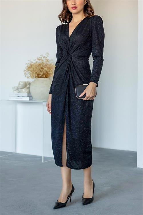 Dipmoda kadın büzgü detaylı simli gece elbisesi NBMY3633