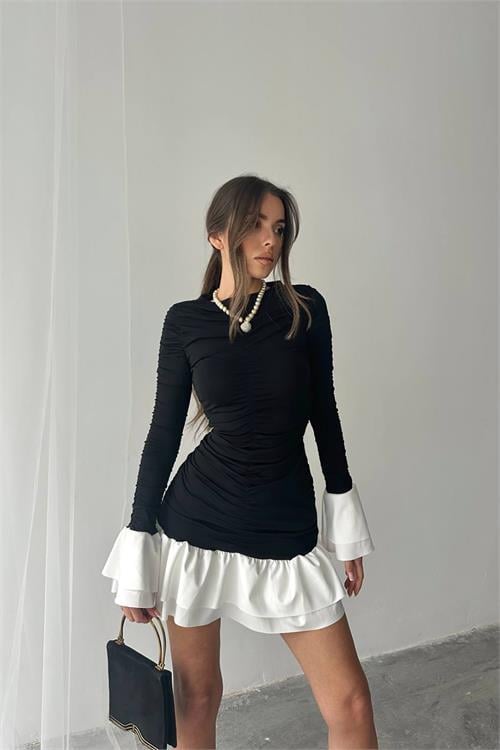 Dipmoda kadın büzgülü bluz mini elbise DPNBDF024