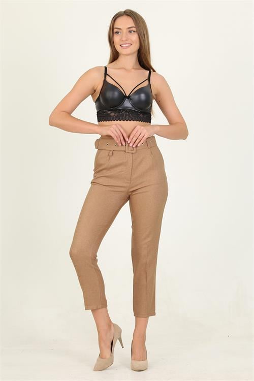 Dipmoda kadın camel cepli kemer detaylı kumaş pantolon QNS026 