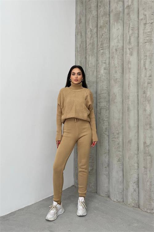 Dipmoda kadın camel fitilli balıkçı yaka alt üst triko takım NBDM1215 