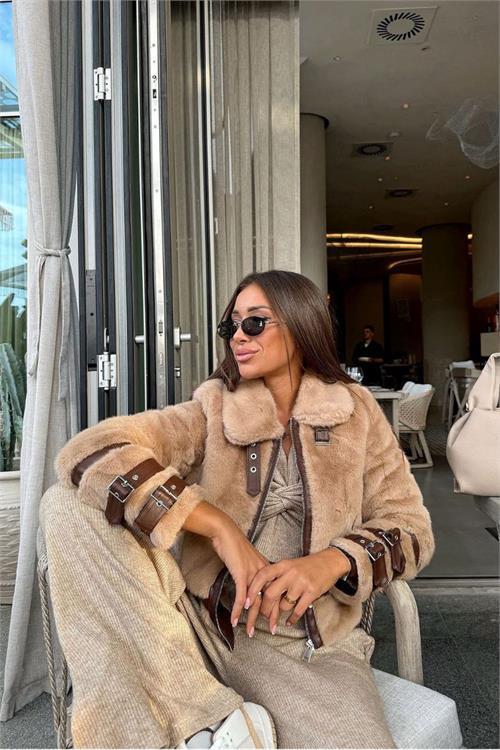 Dipmoda kadın camel ithal kürk astarlı kısa kaban DPNBEMP2600
