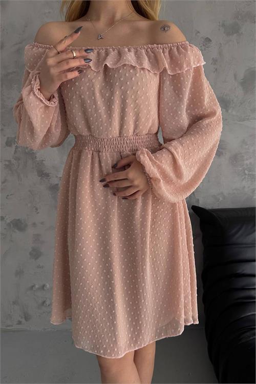 Dipmoda kadın camel madonna yaka mini ponpon şifon elbise NBK2057 