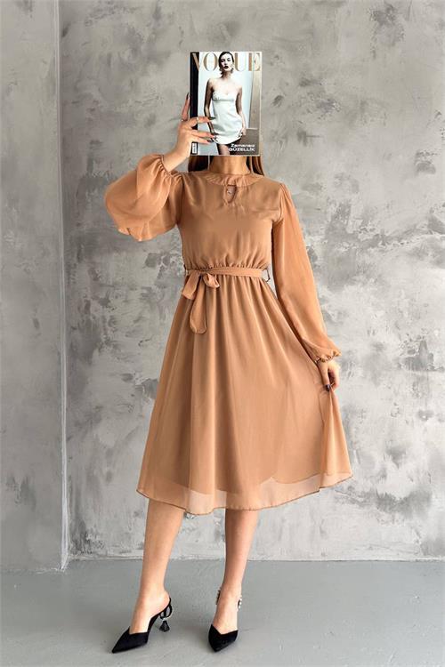 Dipmoda kadın camel midi boy astarlı şifon elbise NBKKLF2027 