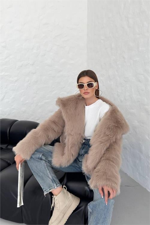 Dipmoda kadın camel oversize çıtçıtlı ithal kürk mont NBG037 