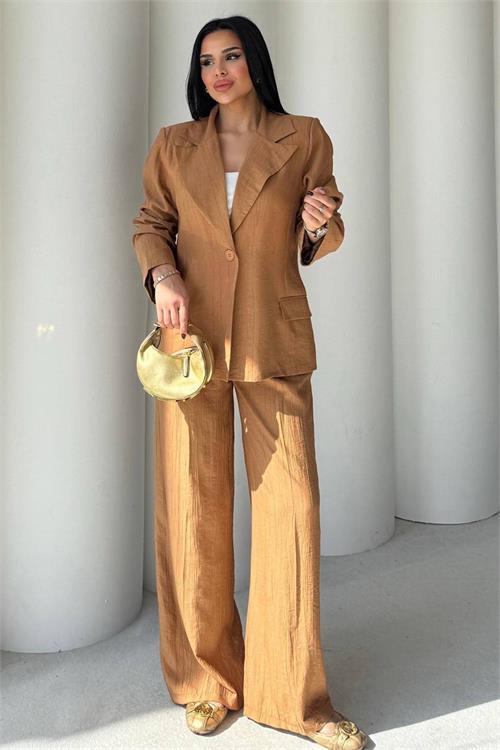 Dipmoda kadın camel oversize tek düğmeli blazer ceket pantolon takım DPSTR4085