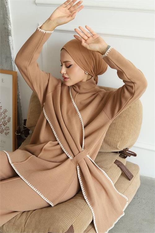 Dipmoda kadın camel pantolon tunik ikili tesettür takım NMS017 
