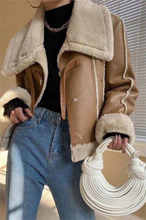 Dipmoda kadın camel peluş detaylı süet kaban DPMS23175