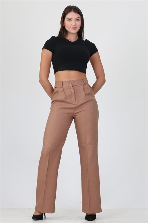 Dipmoda kadın camel yüksek bel cepli palazzo kumaş pantalon ELA001 