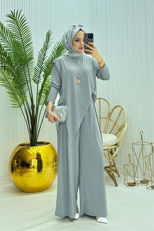 Dipmoda kadın candy kumaş asimetrik kesim tunik pantolon ikili tesettür takım NMS072
