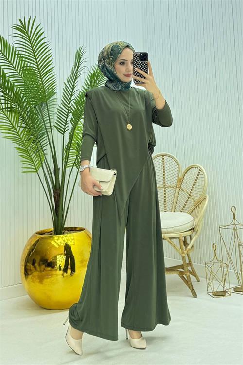 Dipmoda kadın candy kumaş asimetrik kesim tunik pantolon ikili tesettür takım NMS072