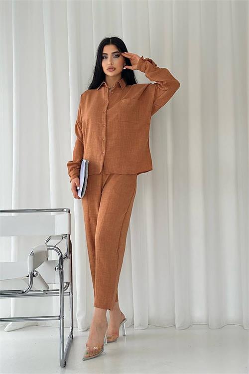 Dipmoda kadın cep detaylı alt üst keten takım DPNBTG7073