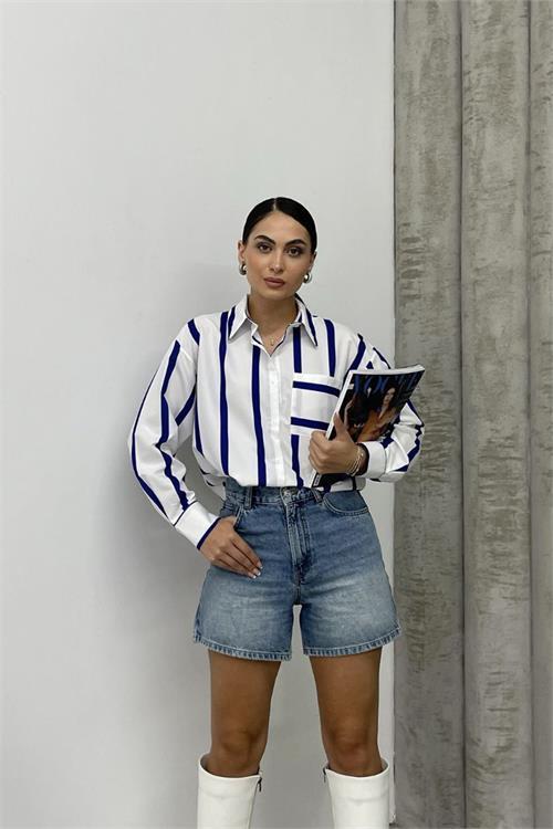Dipmoda kadın cepli kalın çizgili gömlek DPNBASP65681