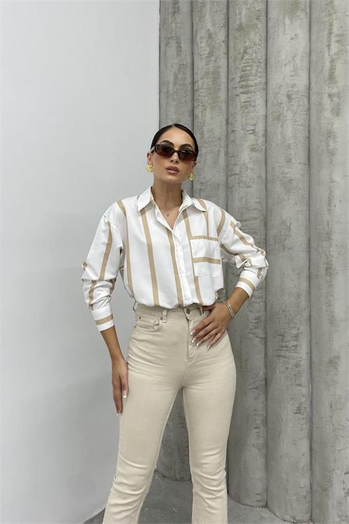 Dipmoda kadın cepli kalın çizgili gömlek DPNBASP65681