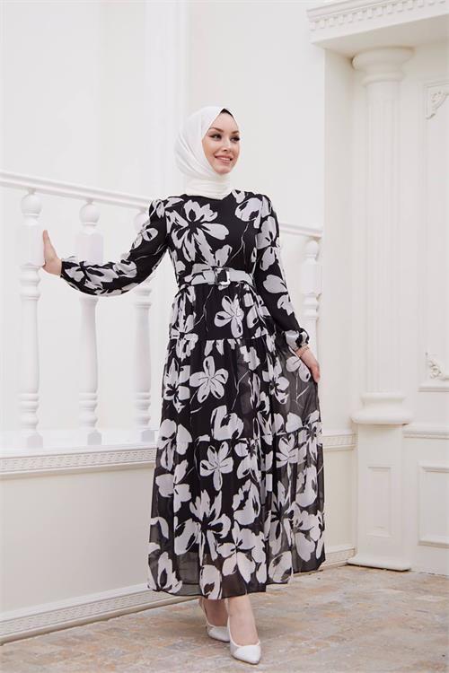 Dipmoda kadın çiçek desenli ithal kumaş tesettür elbise SMS018 