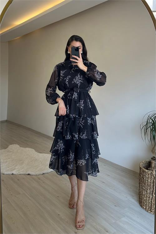 Dipmoda kadın çiçek desenli kat kat volanlı şifon elbise NM014