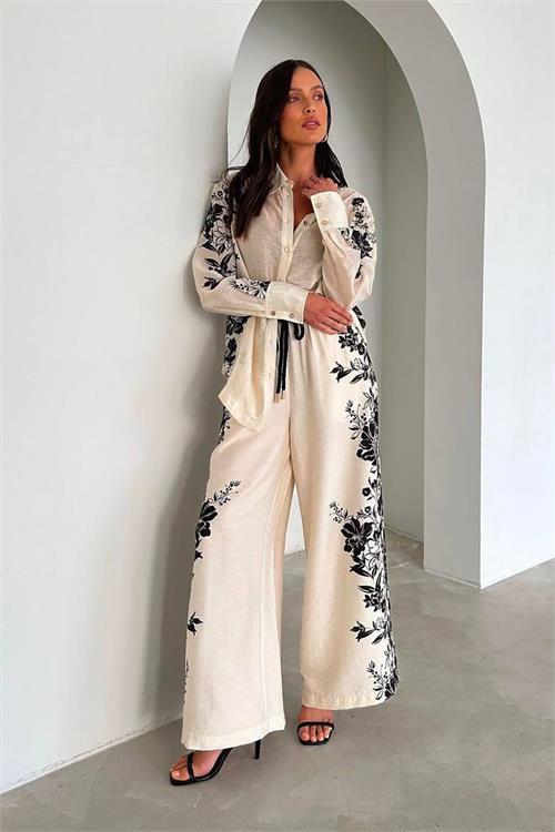 Dipmoda kadın çiçek desenli keten alt üst takım DPNBEMP2643
