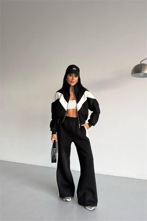 Dipmoda kadın çift renkli içi polarlı 3 iplik eşofman takımı DPG122