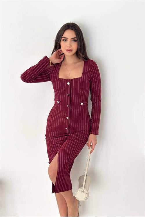 Dipmoda kadın çizgili desen kare yaka midi boy düğme detaylı elbise DPK069