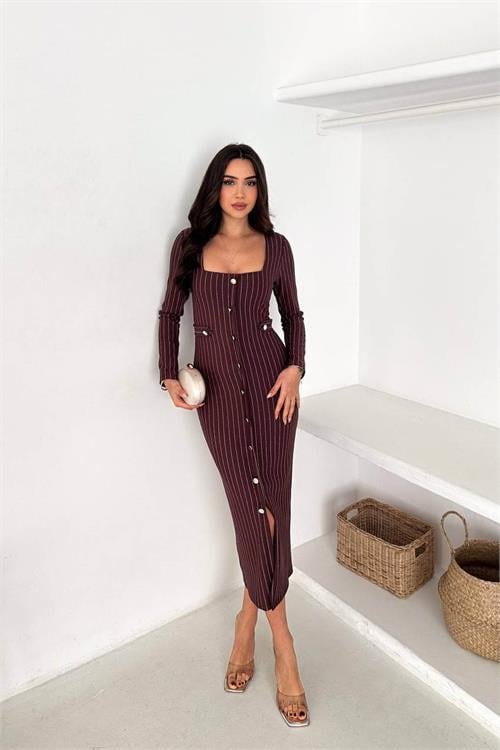 Dipmoda kadın çizgili desen kare yaka midi boy düğme detaylı elbise DPK069