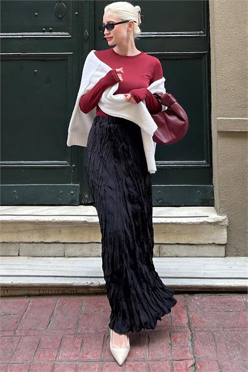 Dipmoda kadın crash yüksek bel kırışık saten etek DPNBGK001