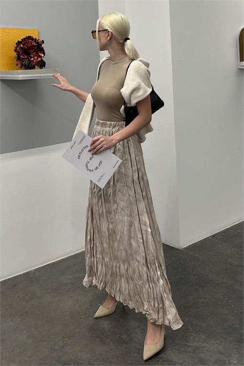 Dipmoda kadın crash yüksek bel kırışık saten etek DPNBGK001