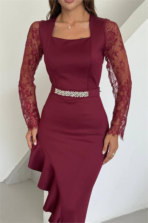 Dipmoda kadın dantel detaylı taş kemerli asimetrik abiye elbise DPNC2603