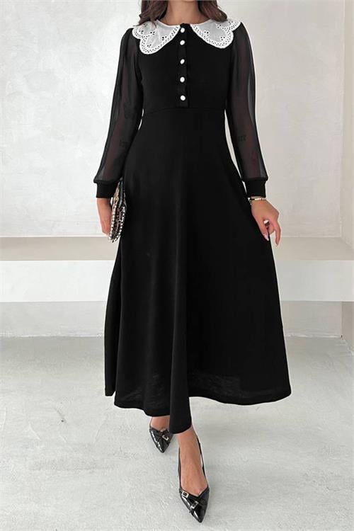 Dipmoda kadın dantel yaka düğmeli midi elbise RY4301