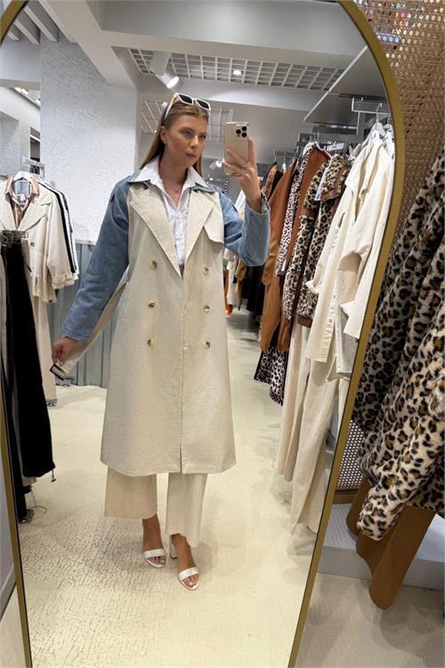 Dipmoda kadın denim kol detaylı trençkot NBASP7263