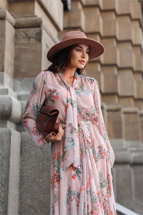 Dipmoda kadın desenli asimetrik kemerli uzun şifon elbise DPEMP2718