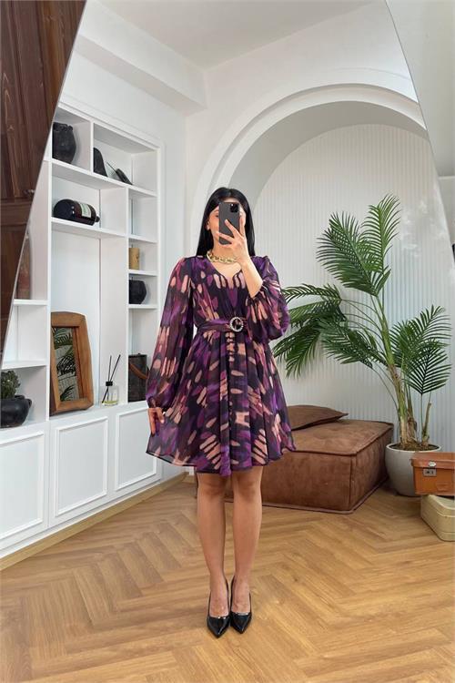 Dipmoda kadın desenli kemer detyalı mini şifon elbise DPNBMY3585