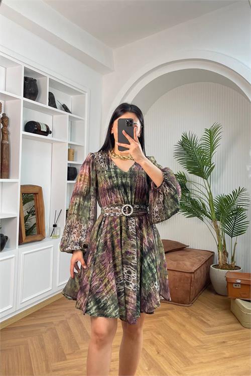 Dipmoda kadın desenli kemer detyalı mini şifon elbise DPNBMY3585